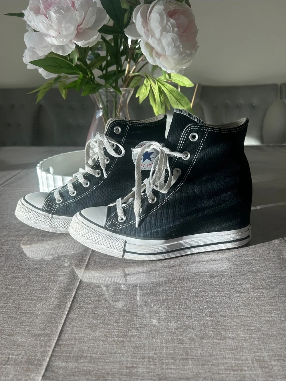 Converse Black High-Top Canvas Wedge Sneakers with White Trim